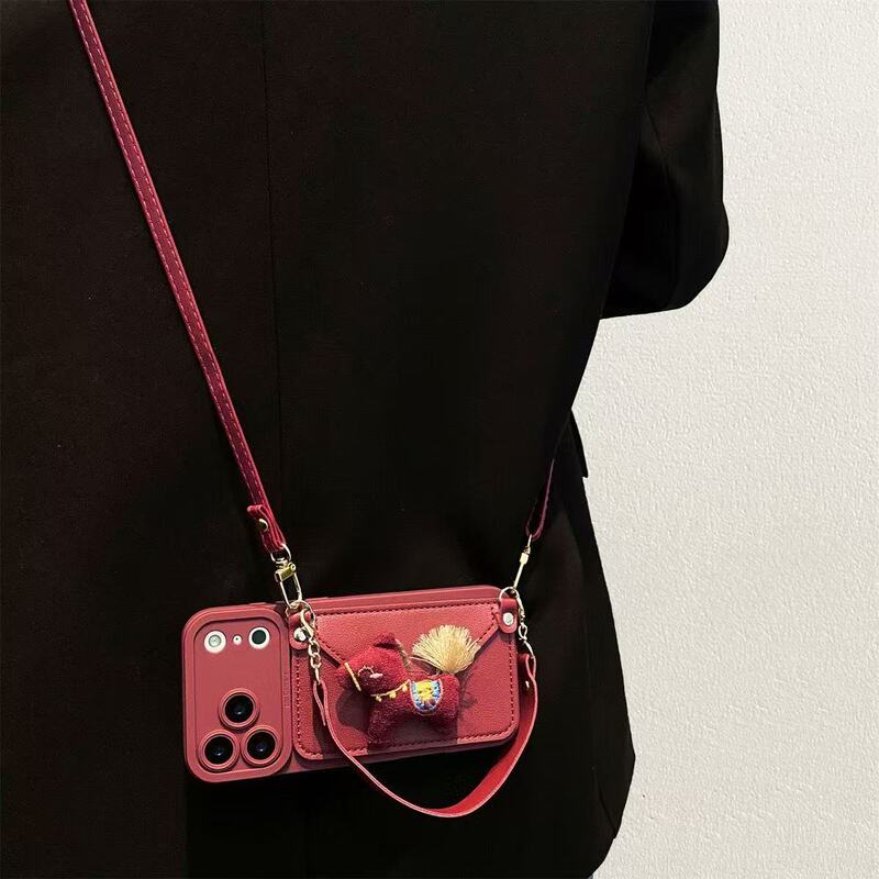 Red Pony Card Holder Case Suitable for Apple 16 Pro Max Phone Case iPhone 17 Crossbody Strap 13 Lanyard 15 New Year