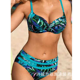 2022欧美跨境印花硬包聚拢分体比基尼亚马逊速卖通女泳衣现货批发