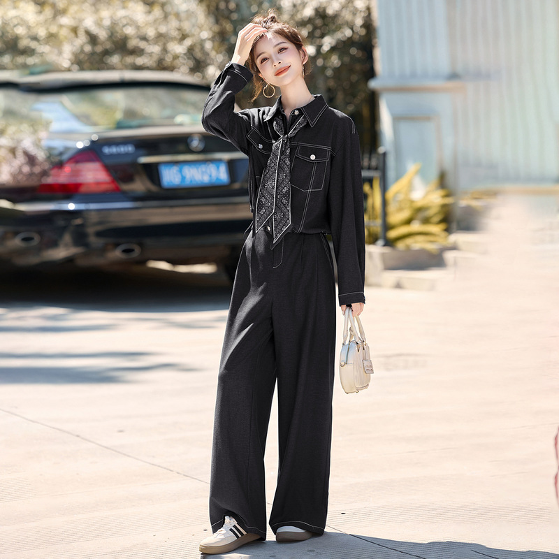 复古牛仔套装女2025秋季新款显瘦巨好看的早秋一整套阔腿裤两件套|undefined
