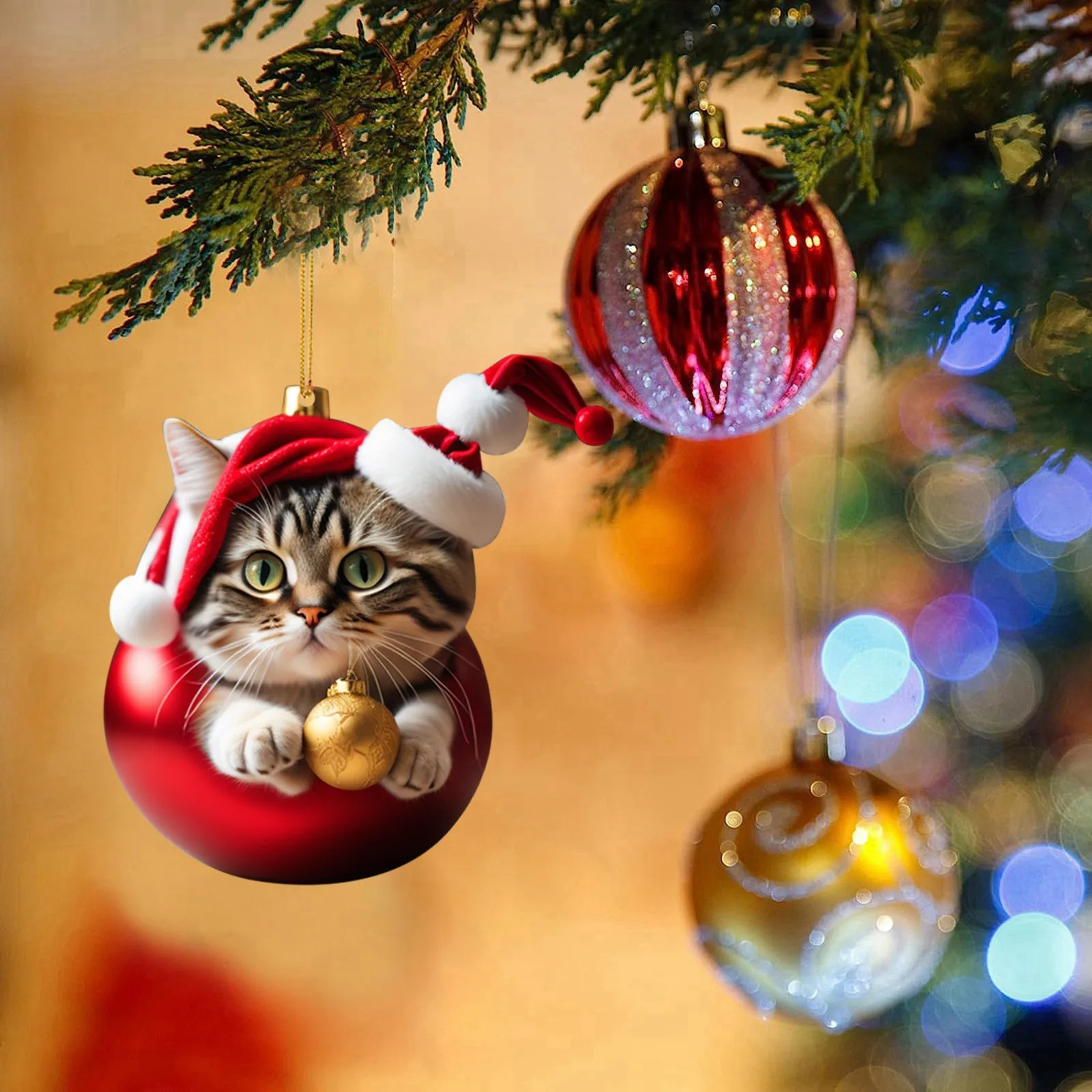 Acrílico gracioso lindo gatos voluminosos de mano bola de Navidad decoración de árbol de Navidad colgante llavero para celebrar las vacaciones