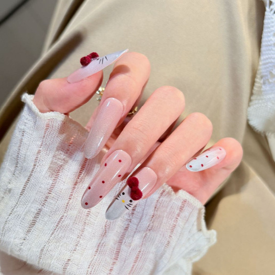 2025 Summer Trending Cute Gradient Velvet Polka Dot Kitty Cat Acrylic Press-On Nails Wholesale 2025 Summer Trending Cute Gradient Velvet Polka Dot Kitty Cat Acrylic Press-On Nails Wholesale