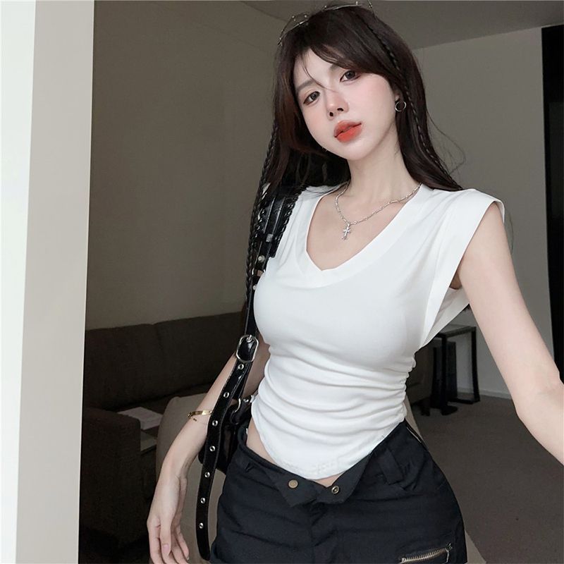 夏のユニークなタイのデザインvネックの肩の半袖tシャツの女性のアーチ型の裾のスリムなスリムな短い上着の卸売り|undefined