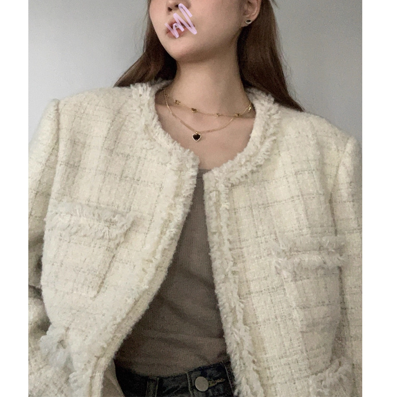 JUEMEI 比利时新贵奶fufu精致毛边小香外套女冬圆领气质上衣法式