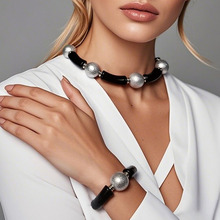 欧美时尚亚克力竹节环形饰品个性夸张大珠子手环项链套装NK26910