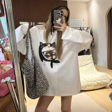 韩国东大门2025秋季时尚卡通猫咪印花圆领中长款长袖T恤女上衣潮