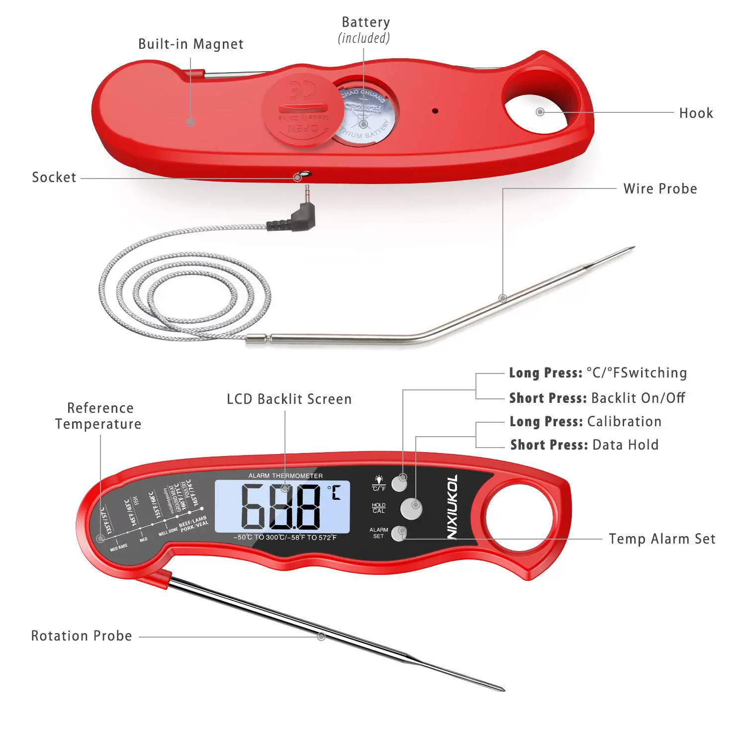 Водонепроницаемый с открывалкой для бутылок Кухня Еда выпечки термометр барбекю еда электронный масляный термометр