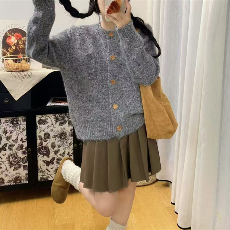 温柔风高级感复古纯色毛衣开衫女秋冬外穿软糯宽松慵懒风针织外套|undefined