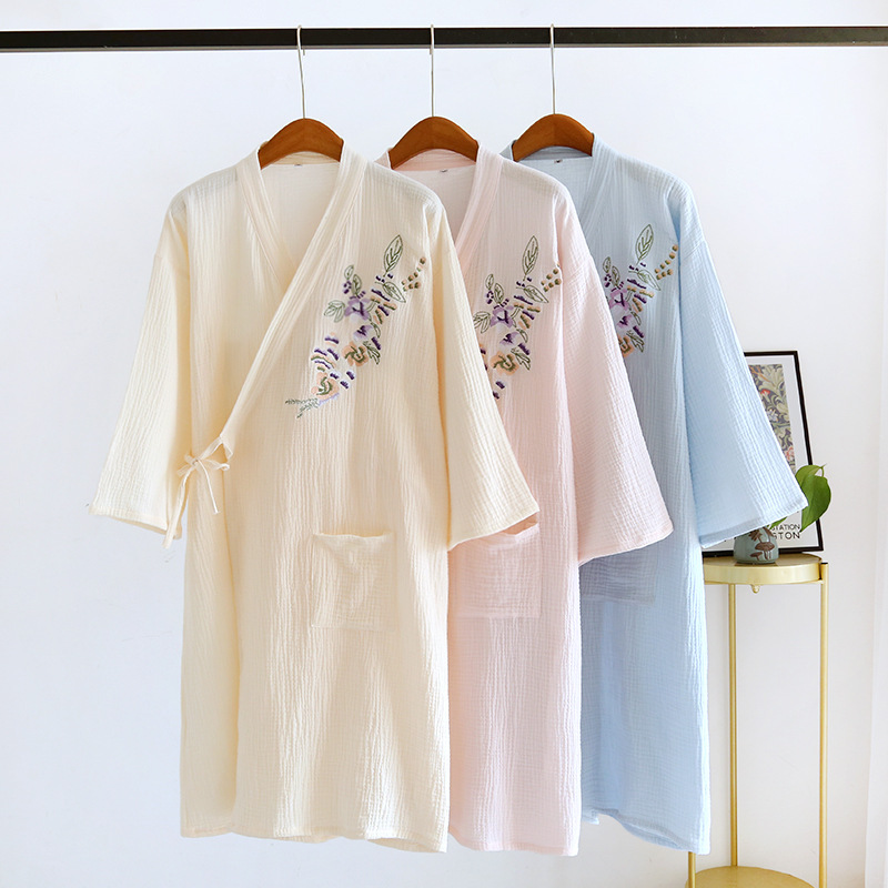 Pajamas Pure Cotton Women's Japanese Gauze Nightgown Summer Thin Nightgown Chinese Style Hanfu Embroidered Bathrobe Sweatshirt