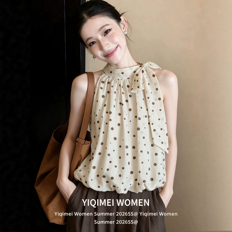 French-style polka dot halter neck blouse with floating collar for women, summer elegant sleeveless unique and beautiful shirt top French-style polka dot halter neck blouse with floating collar for women, summer elegant sleeveless unique and beautiful shirt top
