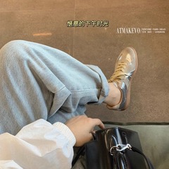 牛皮版~2025年新款复古银色德训鞋女平底板鞋系带运动鞋休闲鞋子