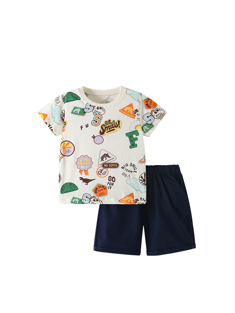 Traje de niño malwee transfronterizo verano nuevo estilo camiseta de cuello redondo pantalones de cintura elástica para niños pequeños y medianos europeos y americanos ropa casual