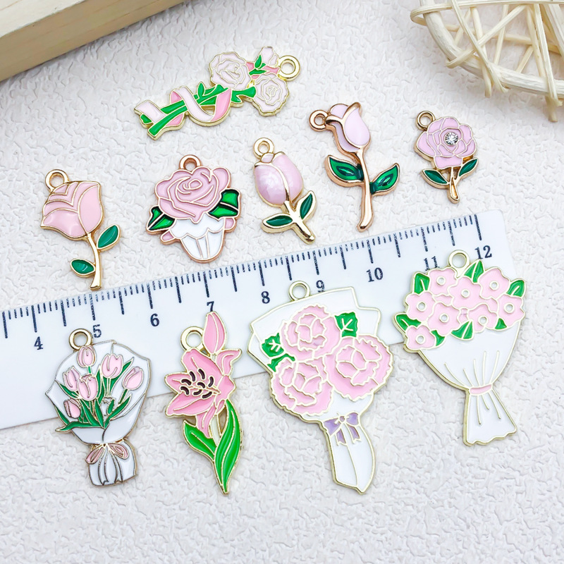 粉色系树枝花束康乃馨玫瑰花合金小挂件吊坠diy手链项链饰品配件|undefined
