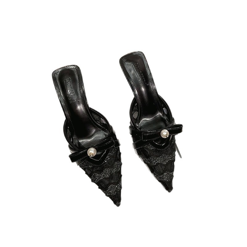 Zapatillas de malla de encaje de verano, zapatillas de tacones altos de perlas con bolso, ropa exterior de moda de tacones delgados
