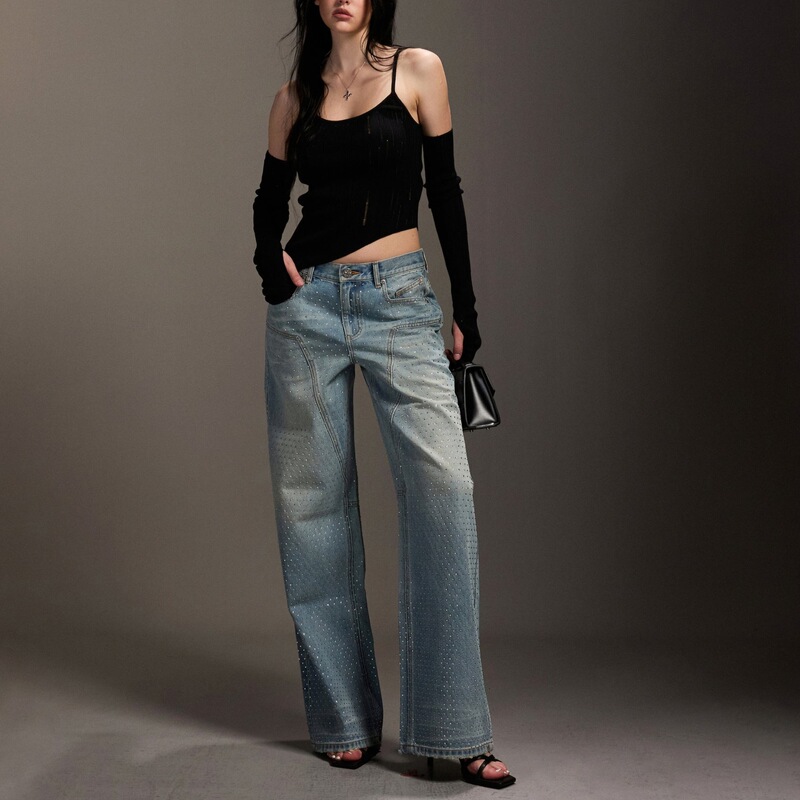 Smfk Phantom Statue Straight-Leg Jeans Cotton Washed Rhinestone-Studded Long Pants