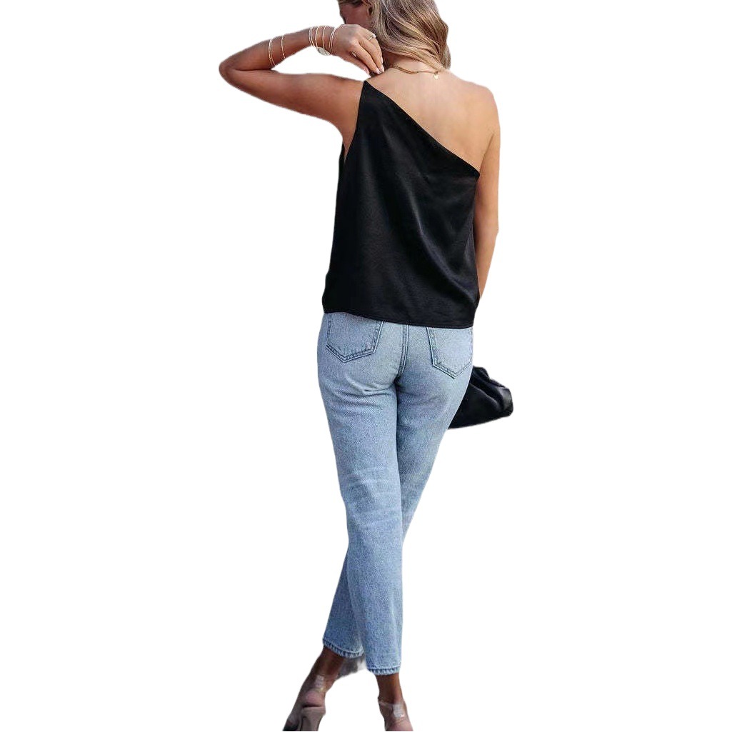 Camisola de satén elegante, estilo casual, holgada, con hombros descubiertos, para mujer, nueva colección primavera-verano 2025 de Amazon para ventas internacionales.