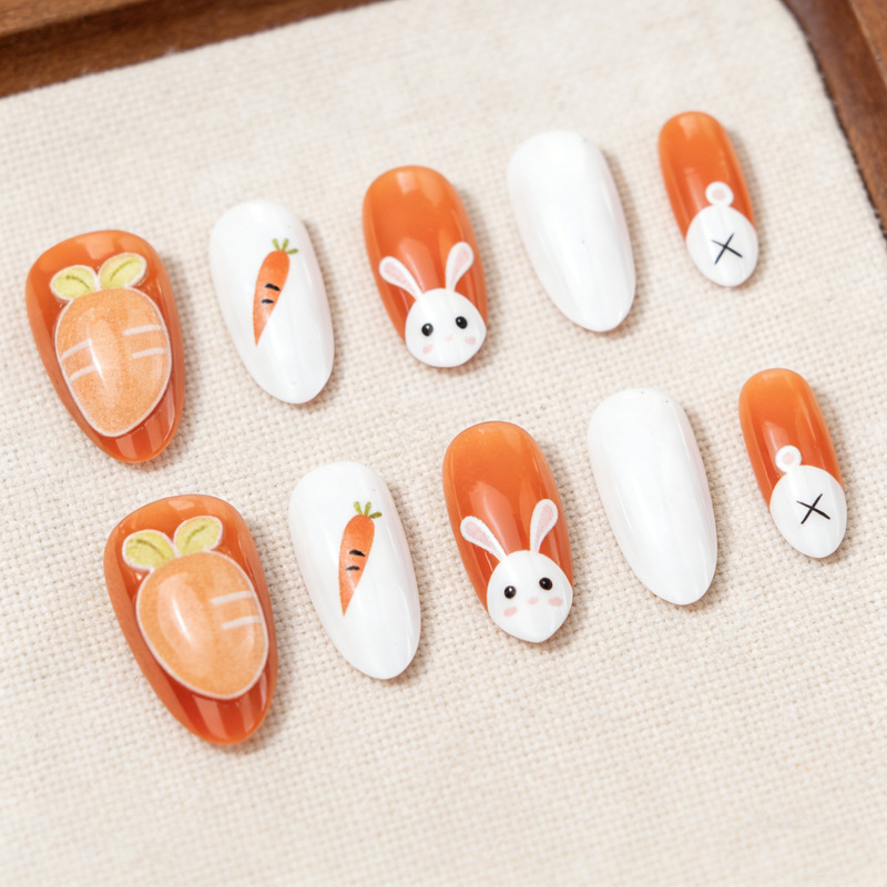30 Pieces of Easter Hot-Selling Short Almond-Shaped Press-On Nails with Exquisite 3D Carrot and White Rabbit Designs 30 Pieces of Easter Hot-Selling Short Almond-Shaped Press-On Nails with Exquisite 3D Carrot and White Rabbit Designs