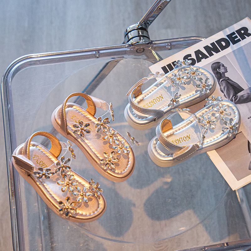 Girls Sandals 2024 New Summer Style Crystal Shoes Soft Sole Baby Shoes Children's Princess Shoes Open Toe
