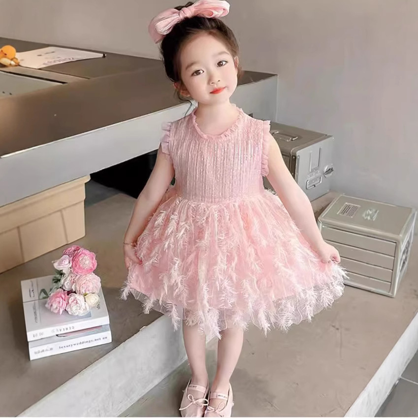 Ready-To-Ship Girls' Sequin Feather Mesh Dress 2025 Summer New Stylish Fashionable Baby Girl Princess Dress