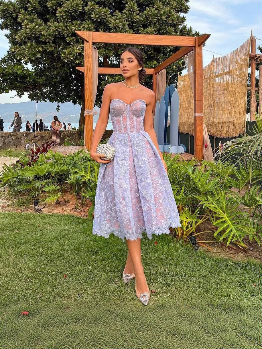 2026 Spring/Summer Cross-Border Amazon New European and American Women's Fashion Lace Long Sleeve Strapless Solid Color Chiffon Summer Dress