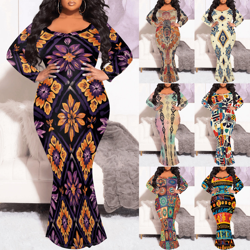 Amazon Hot Sale European and American Black plus size dress African Ethnic Style Pattern Long Sleeve Fishtail Dress H9175 Amazon Hot Sale European and American Black plus size dress African Ethnic Style Pattern Long Sleeve Fishtail Dress H9175