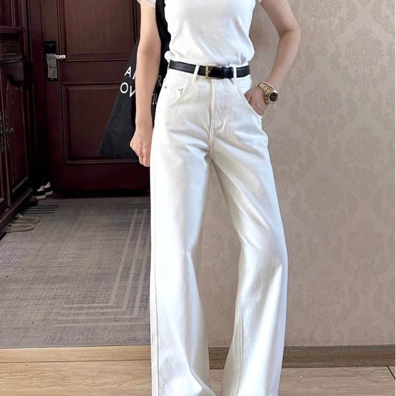 White Narrow Straight-Leg Jeans for Women, New Summer Style, High-Waisted, Loose Fit, Premium Drape, Petite Straight-Leg Pants