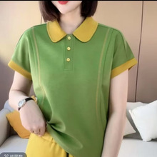 夏季新款款短袖拼色女式针织衫冰丝上衣时尚洋气减龄百搭体恤小衫