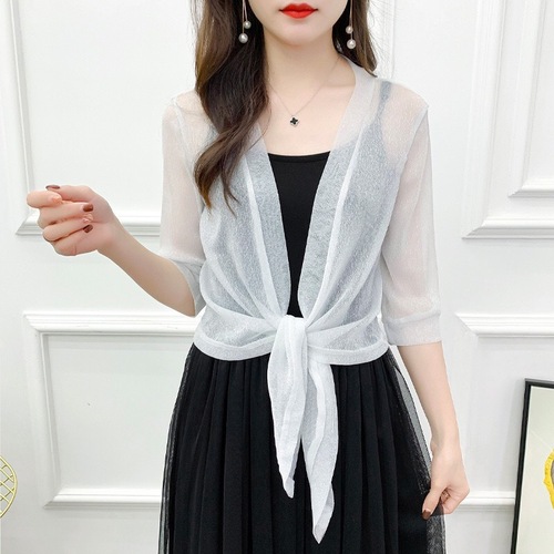 Gold and Silver Thread Shoulders for Women, Summer Fairy Network Gauze Small Overcoat, Simple Cardigan, Short Sleeve Korean Style Women's Shoulders