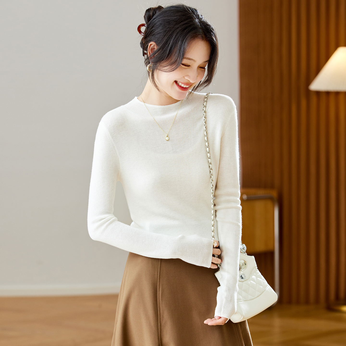 Cotton Cocoon Half-High Collar Knit Sweater for Women 2026 Spring and Autumn New Slim Fit Solid Color Warm Base Layer Top