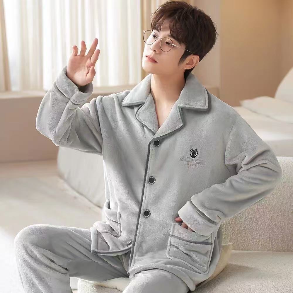 Simple otoño y invierno de hombre coral camisa de pijama de camisa de manga larga larga tamaño grande con camisa de franela cálida ropa de invierno