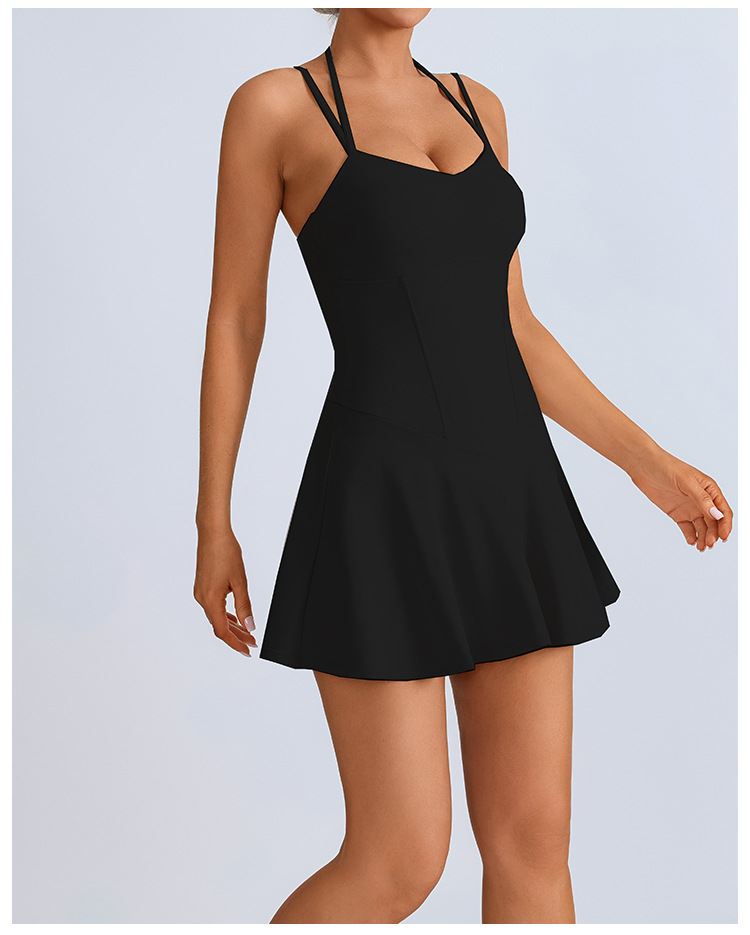 Falda de tenis de yoga con tirantes nude europea y americana transfronteriza, falda deportiva de golf de secado rápido, traje de una pieza de fitness anti-brillo