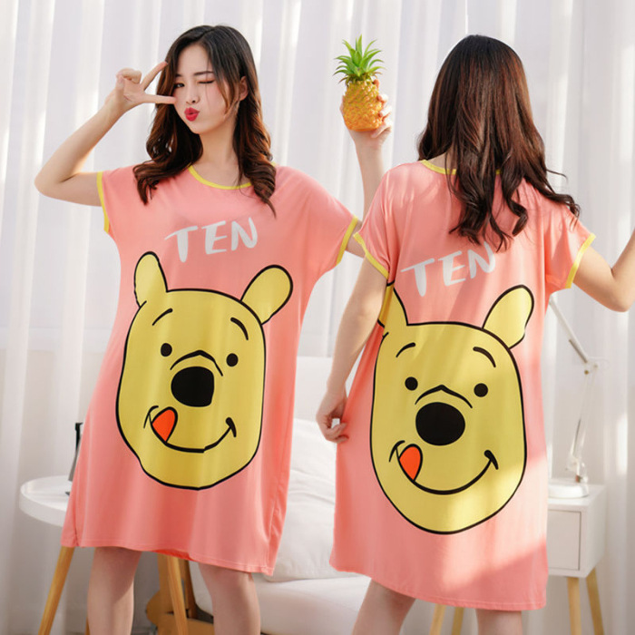 Camisón de las mujeres del verano Delgado manga corta nueva línea rojo estilo pijamas dibujos animados lindo señoras vestido flojo desgaste hogar