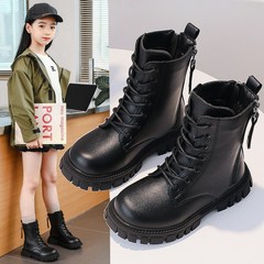 Winter 2024 New Arrival Korean Style English Country Style Children's Martin Boots with Fleece for Little Girls and Babies Leather Short Boots