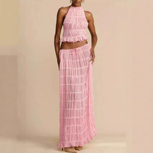 2025跨境春夏新款欧美时尚性感露背挂脖绑带褶皱蕾丝花边背心长裙