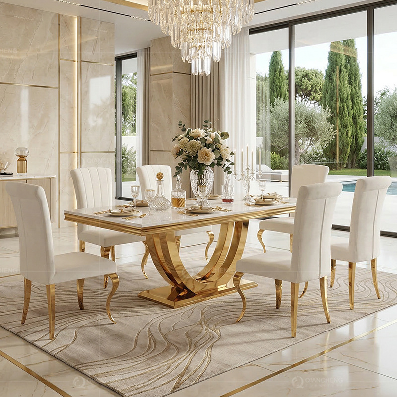 Glass Dining Table, High-End Restaurant Dining Table, Luxury Stainless Steel Dining Table and Chair Set, Modern Dining Table