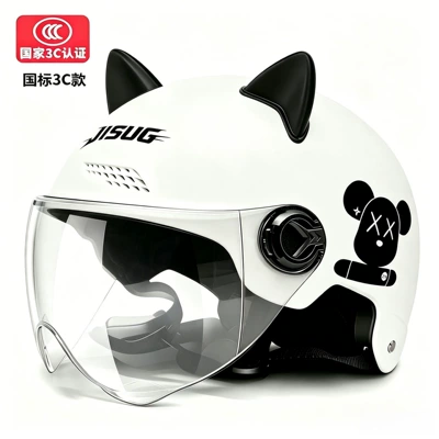 Electric vehicle helmet, motorcycle helmet for men with cute cat ears, electric vehicle helmet for women, summer sun protection lenses, UV protection face shield (Motosiklet kaskı (dəbilqə)) - white-reinforced-short-skirt-black-cat-ears-violent-bear