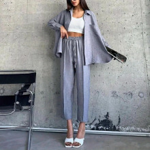 2025春秋欧美女装套装潮流宽松长袖衬衫时尚长裤女装两件套批发