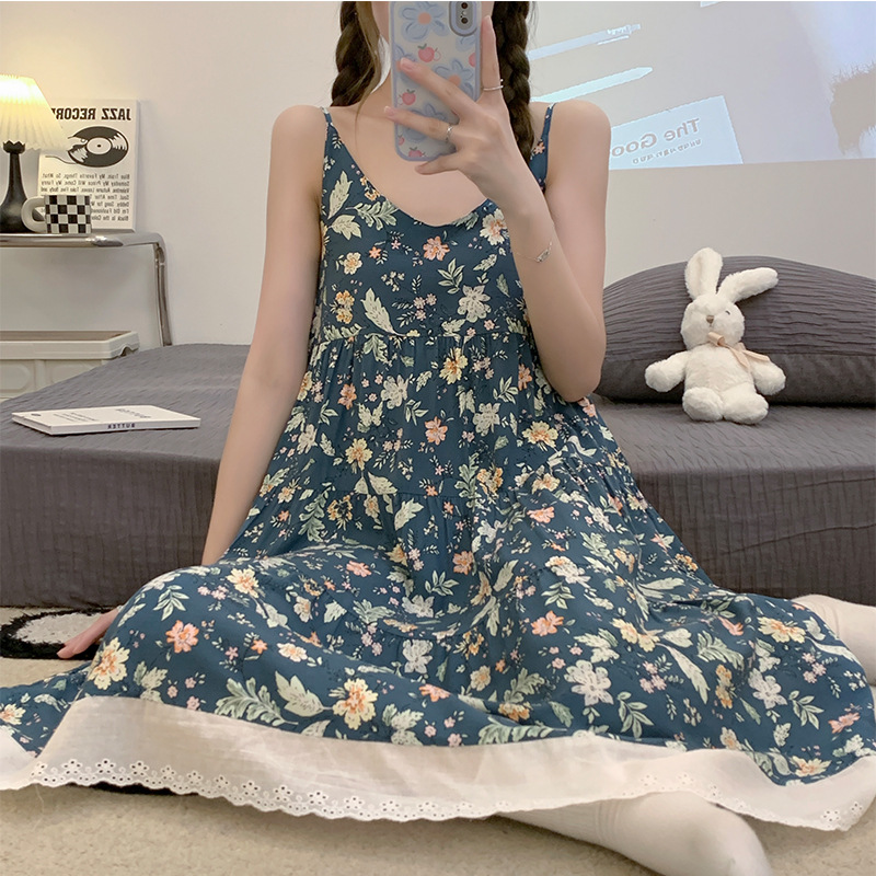 Cotton Silk Nightgown Women's Summer Thin Sexy Faux Cotton Silk Sling Dress Japanese Style Palace Style Pajamas Home Clothes