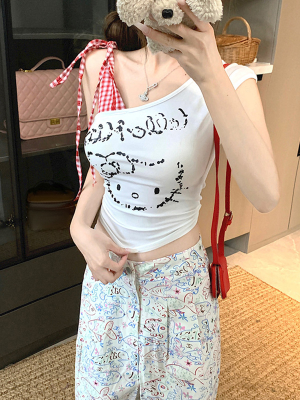 白い格子はkittyの肩のベストtシャツの女性の夏のデザイン感をつなぎ合わせます。|undefined