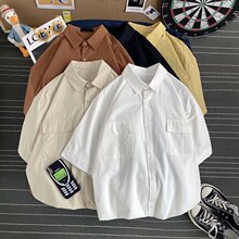 男士短袖开衫休闲文艺纯色短袖衬衫男装跨境外贸男衬衣K35短袖