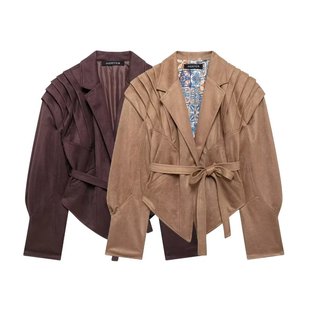 Foreign Trade Wholesale Autumn New European and American Style Waist Strap Suede Pleated Jacket