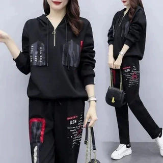 2026年胖mm春秋新款大码宽松连帽印花休闲运动服套装女韩版两件套