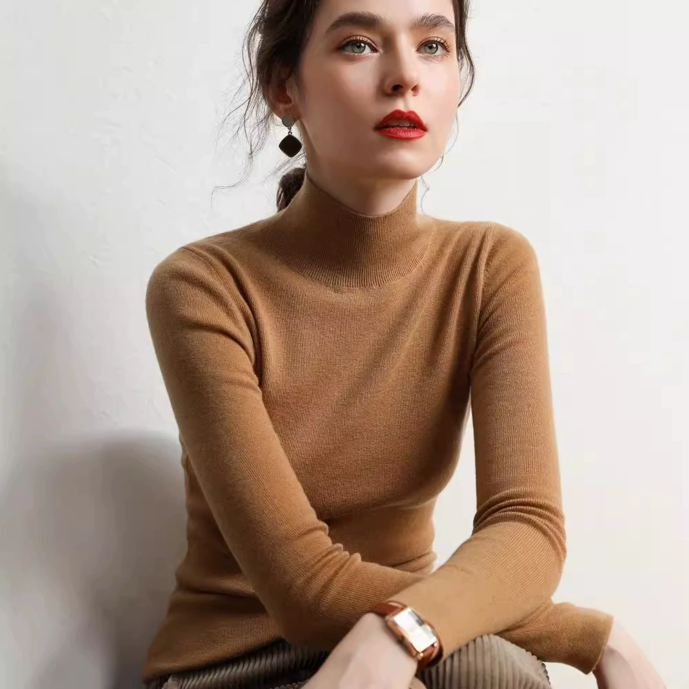 Женский облегающий тонкий кашемировый базовый слой для осени и зимы, 68 нитей, бесшовный, цельный, с полувысоким воротником.