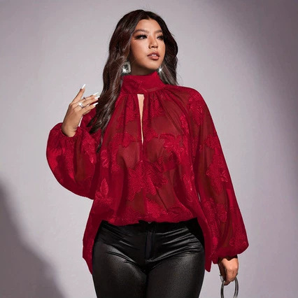 New plus-size women's floral jacquard hollow-out design lantern-sleeve loose and fashionable sexy shirt for export and cross-border sales