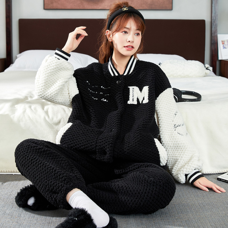 Pajamas women's autumn and winter thickened fleece-lined suit flannel outerwear baseball collar sports style coral fleece homewear