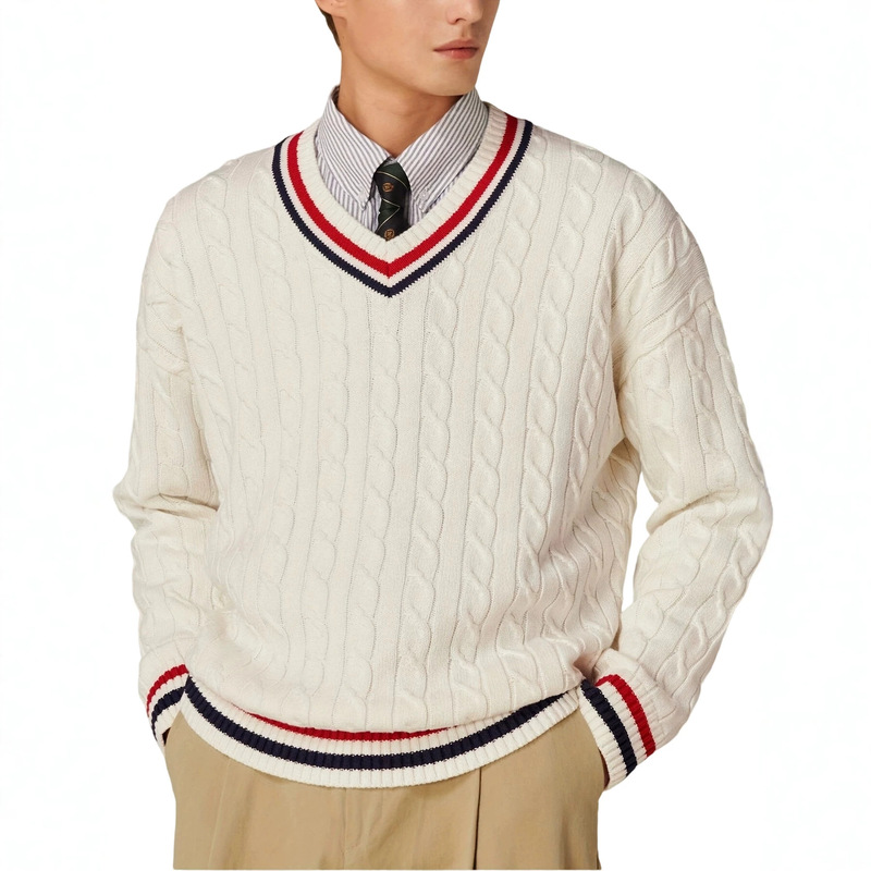 Xindi Men's Clothing | Popular Color-Blocked Sweater with V-Neck, Casual and Elegant, New Autumn and Winter Street Style, Navy-Inspired Knit Set.
