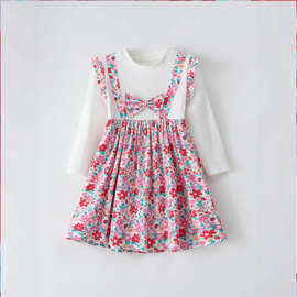 春秋季新款2-8岁女童蝴蝶结连衣裙一件代发款欧美公主裙可爱童装