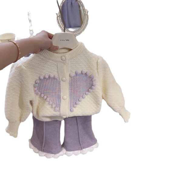 Girls' Winter two-piece suit new Korean fashion baby cardigan knitted autumn and winter sweater coat fleece-lined trousers