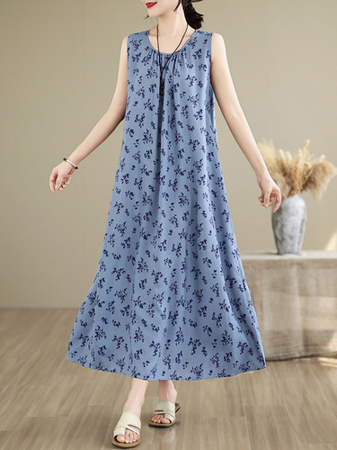 New style seaside vacation style waist waist sleeveless cotton silk dress for women's large size to show slimming and fat mm beach suspender long skirt