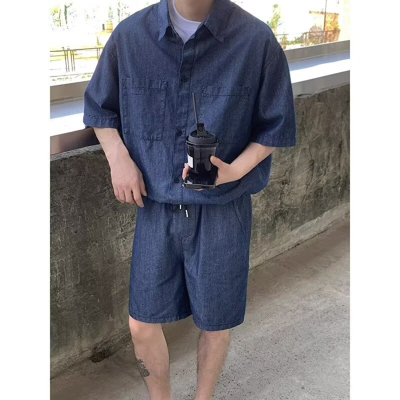 Pure Cotton Thin Denim Suit Men's Handsome Washed Two-Piece Work Clothes Short-Sleeved Shirt Five-Quarter Pants Casual and Versatile Pure Cotton Thin Denim Suit Men's Handsome Washed Two-Piece Work Clothes Short-Sleeved Shirt Five-Quarter Pants Casual and Versatile