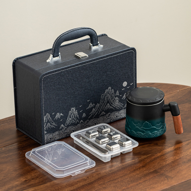 Conjunto de regalos de negocios taza de filtro de cerámica taza de chorro de arena gradiente taza de agua con caja de regalo de ladrillo de hielo LOGO grabado